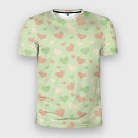 Мужская футболка 3D Slim с принтом Сердечки на светло зеленом фоне в Петрозаводске, 100% полиэстер с улучшенными характеристиками | приталенный силуэт, круглая горловина, широкие плечи, сужается к линии бедра | hearts | love | valentines day | белый | день влюбленных | зеленый | красный | любовь | сердечки | сердце