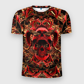 Мужская футболка 3D Slim с принтом Череп красного демона в Белгороде, 100% полиэстер с улучшенными характеристиками | приталенный силуэт, круглая горловина, широкие плечи, сужается к линии бедра | gold | halloween | happy halloween | holiday | horns of satan | ornament | patterns | red skull | золото | красный череп | орнамент | праздник | рога сатаны | узоры | хэллоуин