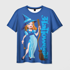 Мужская футболка 3D с принтом Ведьма с волшебной палочкой в Санкт-Петербурге, 100% полиэфир | прямой крой, круглый вырез горловины, длина до линии бедер | Тематика изображения на принте: broom | charming witch | cute look | halloween | happy halloween | holiday | magic wand | redhaired witch | волшебная палочка | метла | милый взгляд | очаровательная колдунья | праздник | рыжая ведьма | хэллоуин