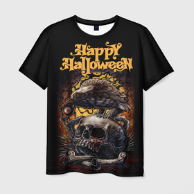 Мужская футболка 3D с принтом Черный ворон на Хэллоуин в Петрозаводске, 100% полиэфир | прямой крой, круглый вырез горловины, длина до линии бедер | Тематика изображения на принте: black raven | cursed forest | halloween | happy halloween | holiday | red eye | skull and bones | yellow moon | желтая луна | красный глаз | праздник | проклятый лес | хэллоуин | череп и кости | черный ворон