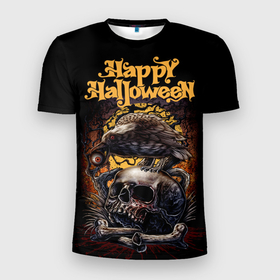 Мужская футболка 3D Slim с принтом Черный ворон на Хэллоуин в Петрозаводске, 100% полиэстер с улучшенными характеристиками | приталенный силуэт, круглая горловина, широкие плечи, сужается к линии бедра | Тематика изображения на принте: black raven | cursed forest | halloween | happy halloween | holiday | red eye | skull and bones | yellow moon | желтая луна | красный глаз | праздник | проклятый лес | хэллоуин | череп и кости | черный ворон