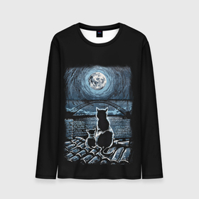 Мужской лонгслив 3D с принтом КОТЫ НА КРЫШЕ в Петрозаводске, 100% полиэстер | длинные рукава, круглый вырез горловины, полуприлегающий силуэт | Тематика изображения на принте: cat | moon | night | животные | звезды | звери | кот | котенок | коты | кошка | красиво | крыша | луна | мама | небо | ночь | тьма