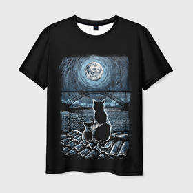 Мужская футболка 3D с принтом КОТЫ НА КРЫШЕ в Петрозаводске, 100% полиэфир | прямой крой, круглый вырез горловины, длина до линии бедер | cat | moon | night | животные | звезды | звери | кот | котенок | коты | кошка | красиво | крыша | луна | мама | небо | ночь | тьма