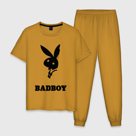 Мужская пижама хлопок с принтом BAD BOY PLAYBOY в Екатеринбурге, 100% хлопок | брюки и футболка прямого кроя, без карманов, на брюках мягкая резинка на поясе и по низу штанин
 | bad | boy | love | man | playboy | rabbit | бой | бэд | кролик | любовь | мужчинам | надписи | парень | плейбой
