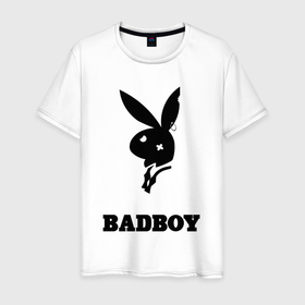 Мужская футболка хлопок с принтом BAD BOY PLAYBOY в Белгороде, 100% хлопок | прямой крой, круглый вырез горловины, длина до линии бедер, слегка спущенное плечо. | Тематика изображения на принте: bad | boy | love | man | playboy | rabbit | бой | бэд | кролик | любовь | мужчинам | надписи | парень | плейбой