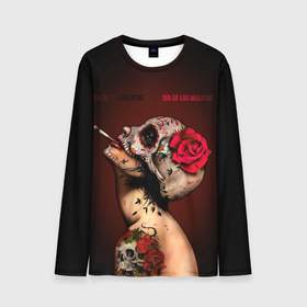 Мужской лонгслив 3D с принтом Ведьма с красной розой в Белгороде, 100% полиэстер | длинные рукава, круглый вырез горловины, полуприлегающий силуэт | body art | cigarette | day of the dead | halloween | happy halloween | holiday | nude witch | profile | red rose | skull | tattoo | боди арт | день мертвых | красная роза | обнаженная ведьма | праздник | профиль | тату | хэллоуин