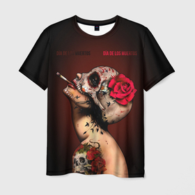 Мужская футболка 3D с принтом Ведьма с красной розой в Санкт-Петербурге, 100% полиэфир | прямой крой, круглый вырез горловины, длина до линии бедер | body art | cigarette | day of the dead | halloween | happy halloween | holiday | nude witch | profile | red rose | skull | tattoo | боди арт | день мертвых | красная роза | обнаженная ведьма | праздник | профиль | тату | хэллоуин