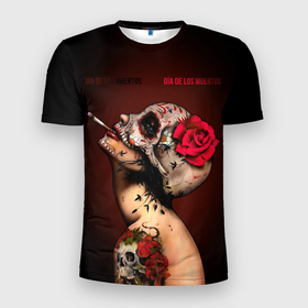 Мужская футболка 3D Slim с принтом Ведьма с красной розой в Петрозаводске, 100% полиэстер с улучшенными характеристиками | приталенный силуэт, круглая горловина, широкие плечи, сужается к линии бедра | body art | cigarette | day of the dead | halloween | happy halloween | holiday | nude witch | profile | red rose | skull | tattoo | боди арт | день мертвых | красная роза | обнаженная ведьма | праздник | профиль | тату | хэллоуин