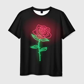 Мужская футболка 3D с принтом _Неоновая_Роза_ , 100% полиэфир | прямой крой, круглый вырез горловины, длина до линии бедер | нейон | неон | неоновая роза | неор | роза | роза нейновая | роза нейоновая