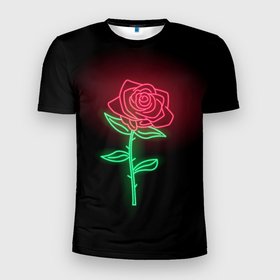 Мужская футболка 3D Slim с принтом _Неоновая_Роза_ , 100% полиэстер с улучшенными характеристиками | приталенный силуэт, круглая горловина, широкие плечи, сужается к линии бедра | нейон | неон | неоновая роза | неор | роза | роза нейновая | роза нейоновая