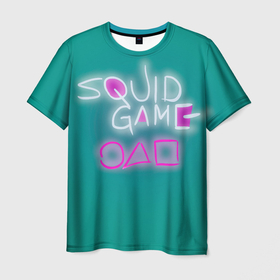 Мужская футболка 3D с принтом Squid game a в Санкт-Петербурге, 100% полиэфир | прямой крой, круглый вырез горловины, длина до линии бедер | squid game | игра в кальмара | надписи | неон | нетфликс | сериалы