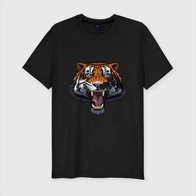 Мужская футболка хлопок Slim с принтом Scary Tiger в Белгороде, 92% хлопок, 8% лайкра | приталенный силуэт, круглый вырез ворота, длина до линии бедра, короткий рукав | 2022 | animal | cat | lion | tiger | год тигра | животные | зверь | зубы | кот | кошка | лев | охотник | полосатый | природа | тигр | тигренок | тигрица | хищник