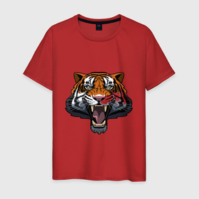 Мужская футболка хлопок с принтом Scary Tiger в Екатеринбурге, 100% хлопок | прямой крой, круглый вырез горловины, длина до линии бедер, слегка спущенное плечо. | 2022 | animal | cat | lion | tiger | год тигра | животные | зверь | зубы | кот | кошка | лев | охотник | полосатый | природа | тигр | тигренок | тигрица | хищник