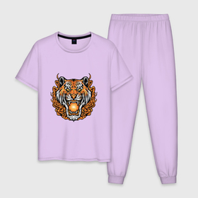 Мужская пижама хлопок с принтом Magic   Tiger , 100% хлопок | брюки и футболка прямого кроя, без карманов, на брюках мягкая резинка на поясе и по низу штанин
 | Тематика изображения на принте: 2022 | animal | cat | lion | tiger | год тигра | животные | зверь | зубы | кот | кошка | лев | охотник | полосатый | природа | тигр | тигренок | тигрица | хищник
