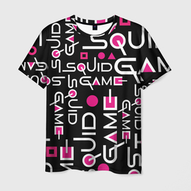 Мужская футболка 3D с принтом SQUID GAME ЛОГО PINK в Тюмени, 100% полиэфир | прямой крой, круглый вырез горловины, длина до линии бедер | Тематика изображения на принте: 001 | 067 | 456 | netflix | pink | squid game | игра | игра в кальмара | квадрат | круг | нетфликс | распорядитель | сериал | стражи | треугольник