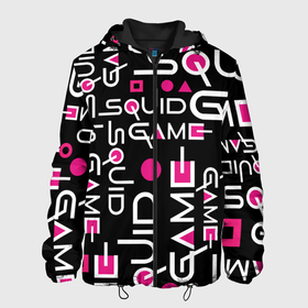 Мужская куртка 3D с принтом SQUID GAME ЛОГО PINK в Екатеринбурге, ткань верха — 100% полиэстер, подклад — флис | прямой крой, подол и капюшон оформлены резинкой с фиксаторами, два кармана без застежек по бокам, один большой потайной карман на груди. Карман на груди застегивается на липучку | 001 | 067 | 456 | netflix | pink | squid game | игра | игра в кальмара | квадрат | круг | нетфликс | распорядитель | сериал | стражи | треугольник
