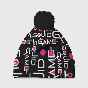 Шапка 3D c помпоном с принтом SQUID GAME ЛОГО PINK в Санкт-Петербурге, 100% полиэстер | универсальный размер, печать по всей поверхности изделия | 001 | 067 | 456 | netflix | pink | squid game | игра | игра в кальмара | квадрат | круг | нетфликс | распорядитель | сериал | стражи | треугольник