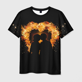 Мужская футболка 3D с принтом Пара в огненном сердце в Курске, 100% полиэфир | прямой крой, круглый вырез горловины, длина до линии бедер | heart | love | влюбленные | любовь | огонь | пара | пламя | сердце