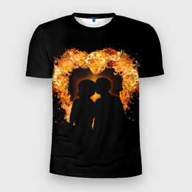 Мужская футболка 3D Slim с принтом Пара в огненном сердце в Екатеринбурге, 100% полиэстер с улучшенными характеристиками | приталенный силуэт, круглая горловина, широкие плечи, сужается к линии бедра | Тематика изображения на принте: heart | love | влюбленные | любовь | огонь | пара | пламя | сердце