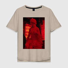 Мужская футболка хлопок Oversize с принтом Great night city в Курске, 100% хлопок | свободный крой, круглый ворот, “спинка” длиннее передней части | бюст | грудь | девушка | женщина | красный цвет | неоновые огни | скульптура | современный стиль | статуя | уличный стиль