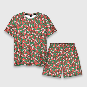 Мужской костюм с шортами 3D с принтом Абстракция из красных и зеленых треугольников в Тюмени,  |  | Тематика изображения на принте: abstraction | lines | triangles | абстракция | зеленый | коричневый | красный | линии | молодежный | розовый | треугольники | узор | фигуры