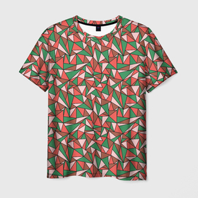Мужская футболка 3D с принтом Абстракция из красных и зеленых треугольников в Курске, 100% полиэфир | прямой крой, круглый вырез горловины, длина до линии бедер | abstraction | lines | triangles | абстракция | зеленый | коричневый | красный | линии | молодежный | розовый | треугольники | узор | фигуры