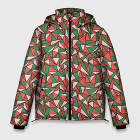 Мужская зимняя куртка 3D с принтом Абстракция из красных и зеленых треугольников в Тюмени, верх — 100% полиэстер; подкладка — 100% полиэстер; утеплитель — 100% полиэстер | длина ниже бедра, свободный силуэт Оверсайз. Есть воротник-стойка, отстегивающийся капюшон и ветрозащитная планка. 

Боковые карманы с листочкой на кнопках и внутренний карман на молнии. | Тематика изображения на принте: abstraction | lines | triangles | абстракция | зеленый | коричневый | красный | линии | молодежный | розовый | треугольники | узор | фигуры