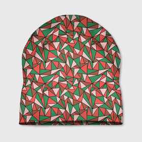 Шапка 3D с принтом Абстракция из красных и зеленых треугольников , 100% полиэстер | универсальный размер, печать по всей поверхности изделия | abstraction | lines | triangles | абстракция | зеленый | коричневый | красный | линии | молодежный | розовый | треугольники | узор | фигуры
