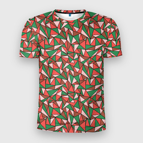 Мужская футболка 3D Slim с принтом Абстракция из красных и зеленых треугольников в Петрозаводске, 100% полиэстер с улучшенными характеристиками | приталенный силуэт, круглая горловина, широкие плечи, сужается к линии бедра | abstraction | lines | triangles | абстракция | зеленый | коричневый | красный | линии | молодежный | розовый | треугольники | узор | фигуры