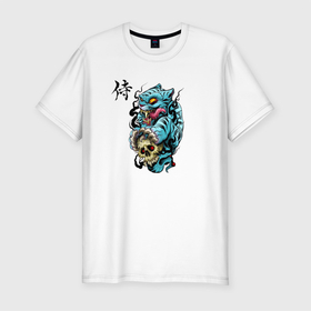 Мужская футболка хлопок Slim с принтом Самурайский демон в Санкт-Петербурге, 92% хлопок, 8% лайкра | приталенный силуэт, круглый вырез ворота, длина до линии бедра, короткий рукав | драконы | нью скуп | перевоплащение дракона | самурайский бох | самурайский демон