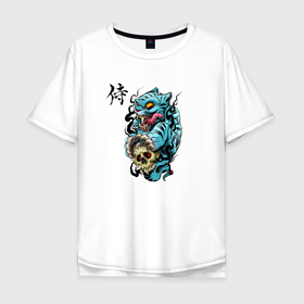 Мужская футболка хлопок Oversize с принтом Самурайский демон в Новосибирске, 100% хлопок | свободный крой, круглый ворот, “спинка” длиннее передней части | драконы | нью скуп | перевоплащение дракона | самурайский бох | самурайский демон