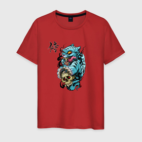 Мужская футболка хлопок с принтом Самурайский демон в Тюмени, 100% хлопок | прямой крой, круглый вырез горловины, длина до линии бедер, слегка спущенное плечо. | драконы | нью скуп | перевоплащение дракона | самурайский бох | самурайский демон