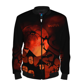 Мужской бомбер 3D с принтом Красная луна на Хэллоуин в Новосибирске, 100% полиэстер | застегивается на молнию, по бокам два кармана без застежек, по низу бомбера и на воротнике - эластичная резинка | bats | evil spirits | graveyard with crosses | halloween | happy halloween | holiday | night | pumpkins | red moon | spider | кладбище с крестами | красная луна | летучие мыши | нечисть | ночь | паук | праздник | тыквы | хэллоуин