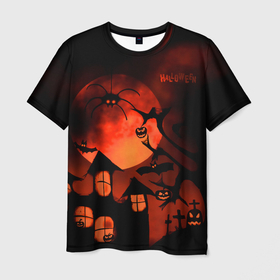 Мужская футболка 3D с принтом Красная луна на Хэллоуин в Петрозаводске, 100% полиэфир | прямой крой, круглый вырез горловины, длина до линии бедер | Тематика изображения на принте: bats | evil spirits | graveyard with crosses | halloween | happy halloween | holiday | night | pumpkins | red moon | spider | кладбище с крестами | красная луна | летучие мыши | нечисть | ночь | паук | праздник | тыквы | хэллоуин