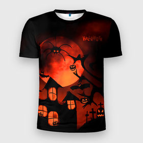 Мужская футболка 3D Slim с принтом Красная луна на Хэллоуин в Новосибирске, 100% полиэстер с улучшенными характеристиками | приталенный силуэт, круглая горловина, широкие плечи, сужается к линии бедра | bats | evil spirits | graveyard with crosses | halloween | happy halloween | holiday | night | pumpkins | red moon | spider | кладбище с крестами | красная луна | летучие мыши | нечисть | ночь | паук | праздник | тыквы | хэллоуин