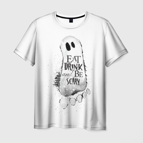 Мужская футболка 3D с принтом Добродушное приведение (белый, полиэстер) в Тюмени, 100% полиэфир | прямой крой, круглый вырез горловины, длина до линии бедер | fun | helloween | party | scary | вечеринка | день | духи | мрачно | оригинальный | подарок | праздник | привидение | пугать | святые | тыква | ужас | хэллоуин | черный | шарик
