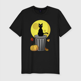 Мужская футболка хлопок Slim с принтом Дух осени и хэллоуина в Кировске, 92% хлопок, 8% лайкра | приталенный силуэт, круглый вырез ворота, длина до линии бедра, короткий рукав | black cat | cat | halloween | hallowen | helloween | hellowen | кот | котик | луна | ночь | осень | хеллоуин | хелоуин | хэллоуин | хэлоуин | черный кот