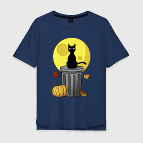 Мужская футболка хлопок Oversize с принтом Дух осени и хэллоуина в Санкт-Петербурге, 100% хлопок | свободный крой, круглый ворот, “спинка” длиннее передней части | black cat | cat | halloween | hallowen | helloween | hellowen | кот | котик | луна | ночь | осень | хеллоуин | хелоуин | хэллоуин | хэлоуин | черный кот