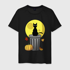 Мужская футболка хлопок с принтом Дух осени и хэллоуина в Тюмени, 100% хлопок | прямой крой, круглый вырез горловины, длина до линии бедер, слегка спущенное плечо. | black cat | cat | halloween | hallowen | helloween | hellowen | кот | котик | луна | ночь | осень | хеллоуин | хелоуин | хэллоуин | хэлоуин | черный кот