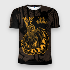 Мужская футболка 3D Slim с принтом Зубастая тыква на Хэллоуин в Белгороде, 100% полиэстер с улучшенными характеристиками | приталенный силуэт, круглая горловина, широкие плечи, сужается к линии бедра | dark forest | fangs | fear | halloween | happy halloween | holiday | night monster | toothy pumpkin | зубастая тыква | клыки | мрачный лес | ночное чудовище | праздник | хэллоуин