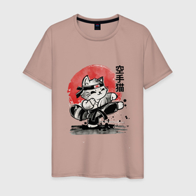 Мужская футболка хлопок с принтом Кот каратист в Петрозаводске, 100% хлопок | прямой крой, круглый вырез горловины, длина до линии бедер, слегка спущенное плечо. | боевые искусства | каратэ | кот | котенок | япония