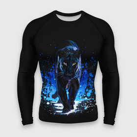 Мужской рашгард 3D с принтом Черная пантера пятна краски в Петрозаводске,  |  | black panther | panthera | большая кошка | красивая кошка | пантера | пятна краски | синяя краска | хищный зверь | черная пантера