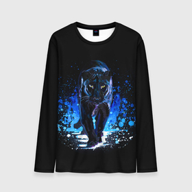 Мужской лонгслив 3D с принтом Черная пантера пятна краски в Новосибирске, 100% полиэстер | длинные рукава, круглый вырез горловины, полуприлегающий силуэт | black panther | panthera | большая кошка | красивая кошка | пантера | пятна краски | синяя краска | хищный зверь | черная пантера