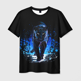 Мужская футболка 3D с принтом Черная пантера пятна краски в Кировске, 100% полиэфир | прямой крой, круглый вырез горловины, длина до линии бедер | black panther | panthera | большая кошка | красивая кошка | пантера | пятна краски | синяя краска | хищный зверь | черная пантера