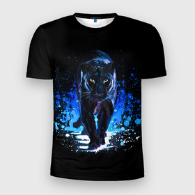 Мужская футболка 3D Slim с принтом Черная пантера пятна краски в Новосибирске, 100% полиэстер с улучшенными характеристиками | приталенный силуэт, круглая горловина, широкие плечи, сужается к линии бедра | black panther | panthera | большая кошка | красивая кошка | пантера | пятна краски | синяя краска | хищный зверь | черная пантера