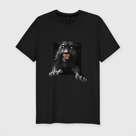 Мужская футболка хлопок Slim с принтом Black panther черная пантера в Кировске, 92% хлопок, 8% лайкра | приталенный силуэт, круглый вырез ворота, длина до линии бедра, короткий рукав | black panther | зверь | злая | красивая кошка | прыгает | хищник | черная пантера