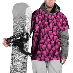 Накидка на куртку 3D с принтом Охранники игры в кальмара , 100% полиэстер |  | Тематика изображения на принте: squid game | игра в кальмара | комбинезон | маска | надсмотрщик | охранник | розовый | толпа
