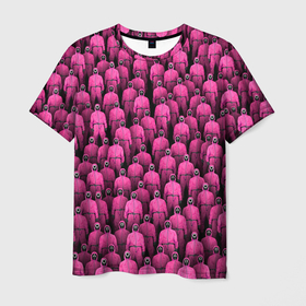 Мужская футболка 3D с принтом Охранники игры в кальмара в Санкт-Петербурге, 100% полиэфир | прямой крой, круглый вырез горловины, длина до линии бедер | squid game | игра в кальмара | комбинезон | маска | надсмотрщик | охранник | розовый | толпа