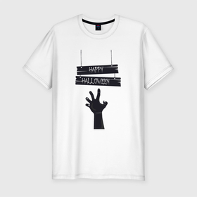 Мужская футболка хлопок Slim с принтом Счастливого Хэллуина в Новосибирске, 92% хлопок, 8% лайкра | приталенный силуэт, круглый вырез ворота, длина до линии бедра, короткий рукав | надпись | приздники | рисунок | рука | хэллуин