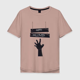 Мужская футболка хлопок Oversize с принтом Счастливого Хэллуина в Тюмени, 100% хлопок | свободный крой, круглый ворот, “спинка” длиннее передней части | Тематика изображения на принте: надпись | приздники | рисунок | рука | хэллуин